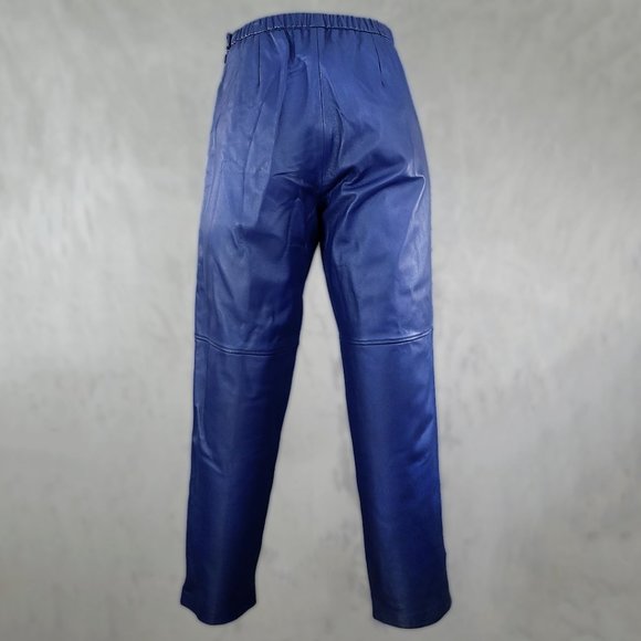 Navy Blue Leather Pants Terry Lewis Classic Luxuries NWT - Picture 3 of 12